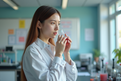 Jeune femme en laboratoire sniffant une fiole de chimie