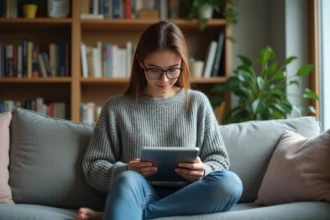 Jeune femme lisant manga sur tablette dans un salon cosy