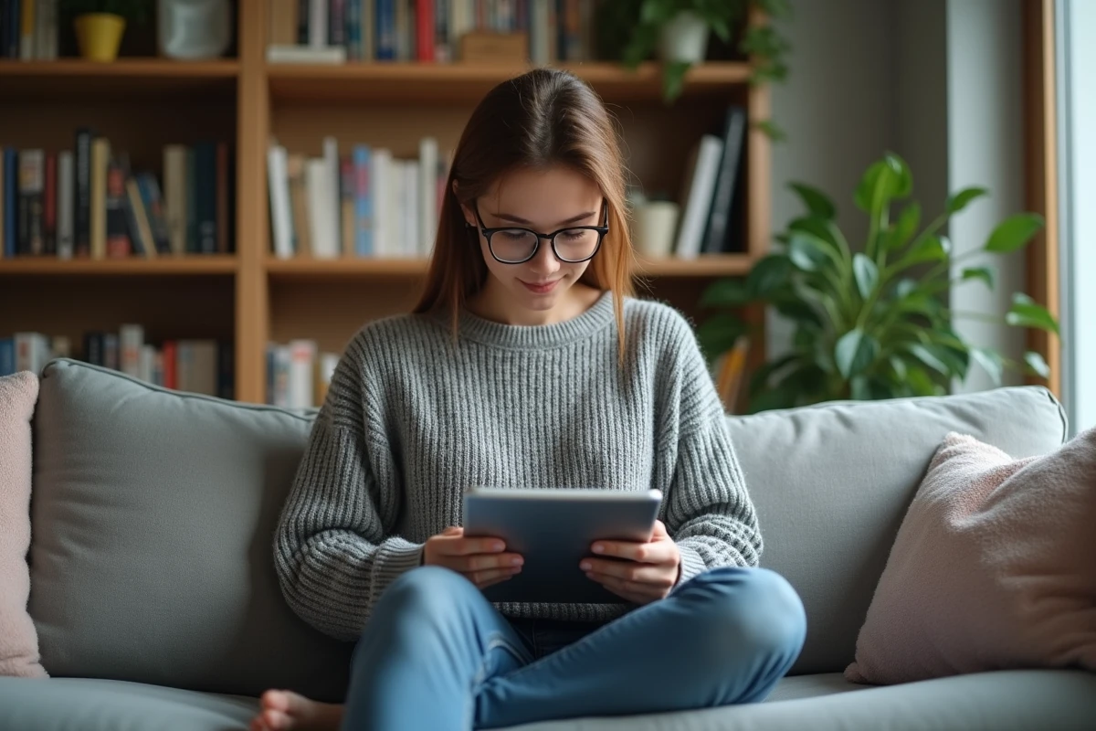 Jeune femme lisant manga sur tablette dans un salon cosy
