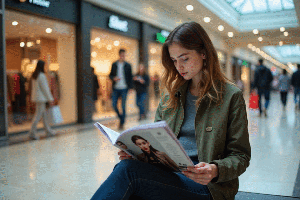 Jeune femme en streetwear feuilletant un magazine de mode dans un centre commercial