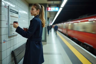 Jeune femme dans le métro vérifiant le plan de ligne