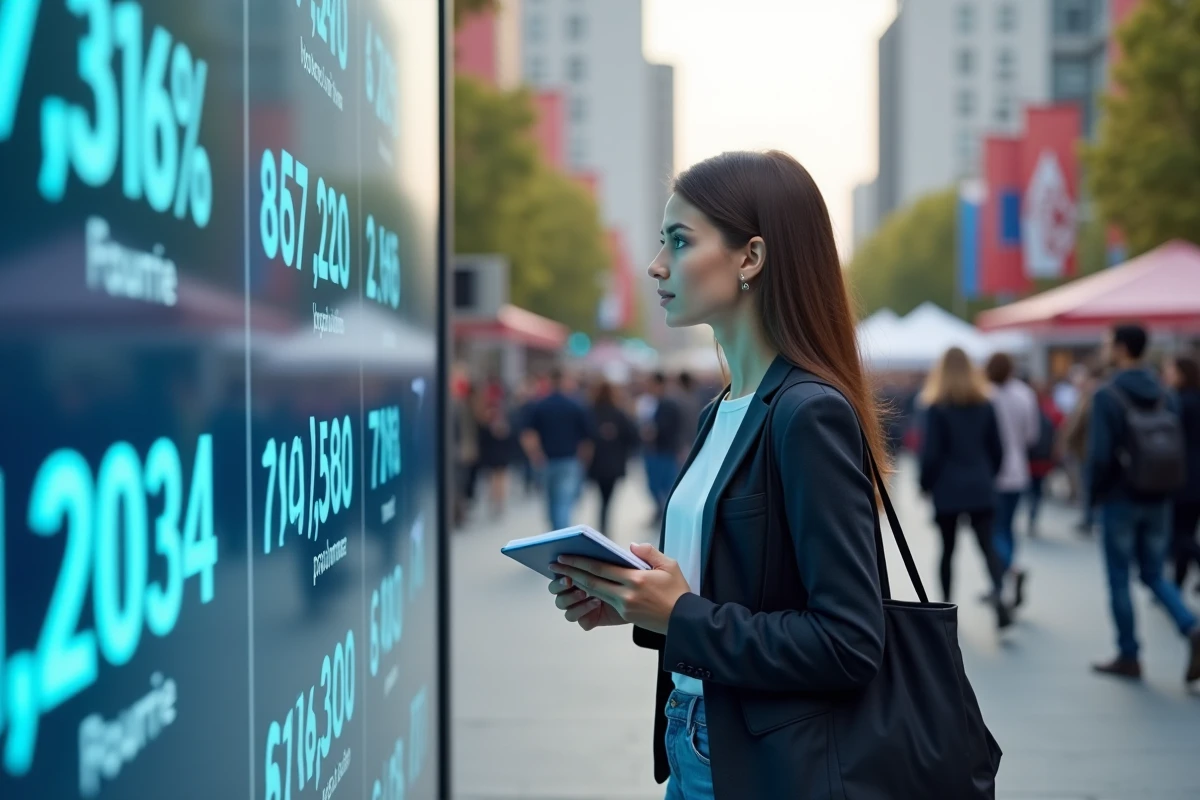Jeune femme regardant un panneau de statistiques en ville