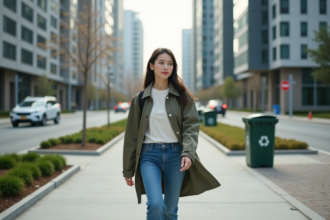 Jeune femme urbaine en jeans et coupe-vent dans la ville
