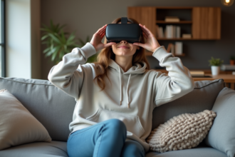 Jeune femme en hoodie utilisant un casque VR dans un salon