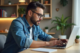Jeune homme regardant son portefeuille Bitcoin sur son laptop