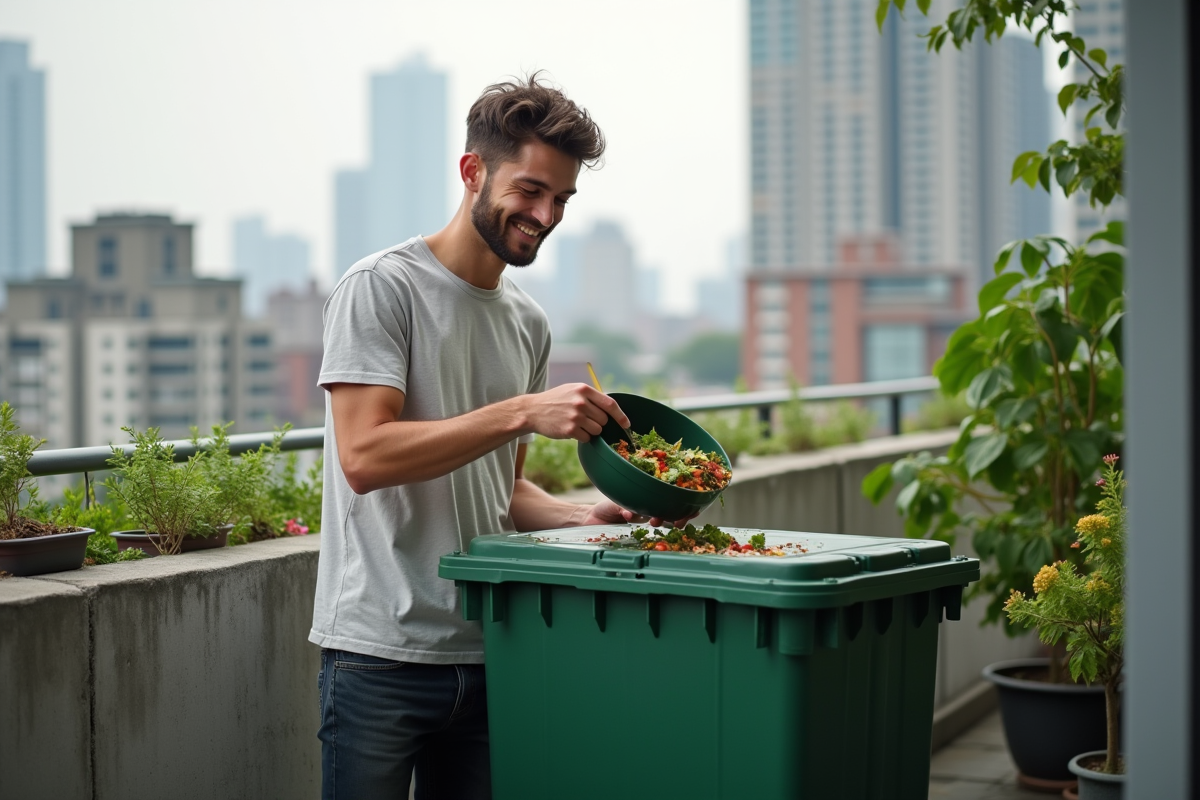 Jeune homme versant des déchets organiques dans un composteur urbain