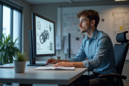 Jeune homme en étude de dessin mécanique sur un ordinateur