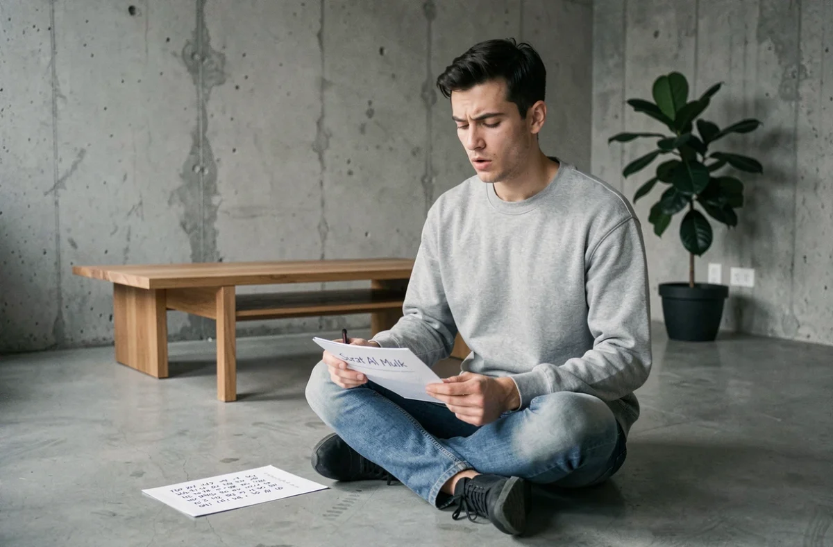 Jeune homme étudiant la sourate Al Mulk en français avec des fiches de translittération dans un appartement moderne