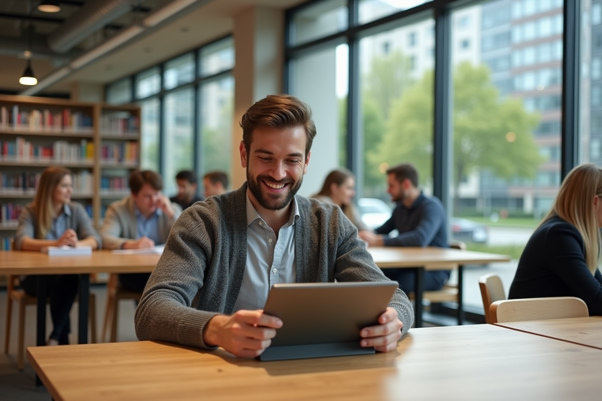 Jeune homme lisant dans une bibliothèque urbaine