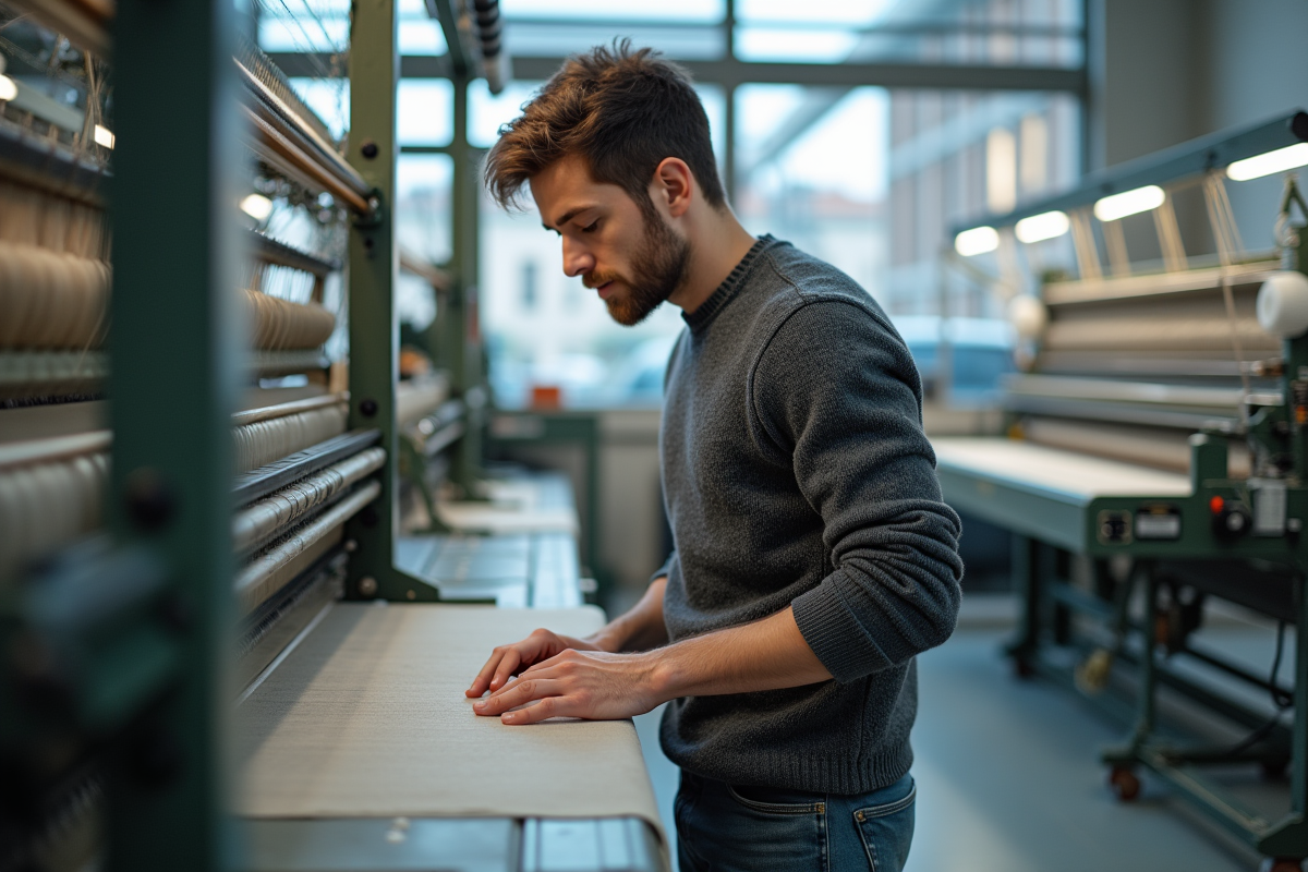 Jeune homme utilisant un métier à tisser moderne dans un atelier contemporain