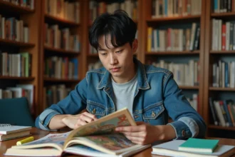 Jeune homme lisant un manga One Piece dans sa bibliothèque