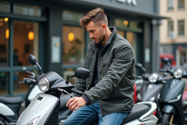Jeune homme examine une moto Dax 50cc en extérieur