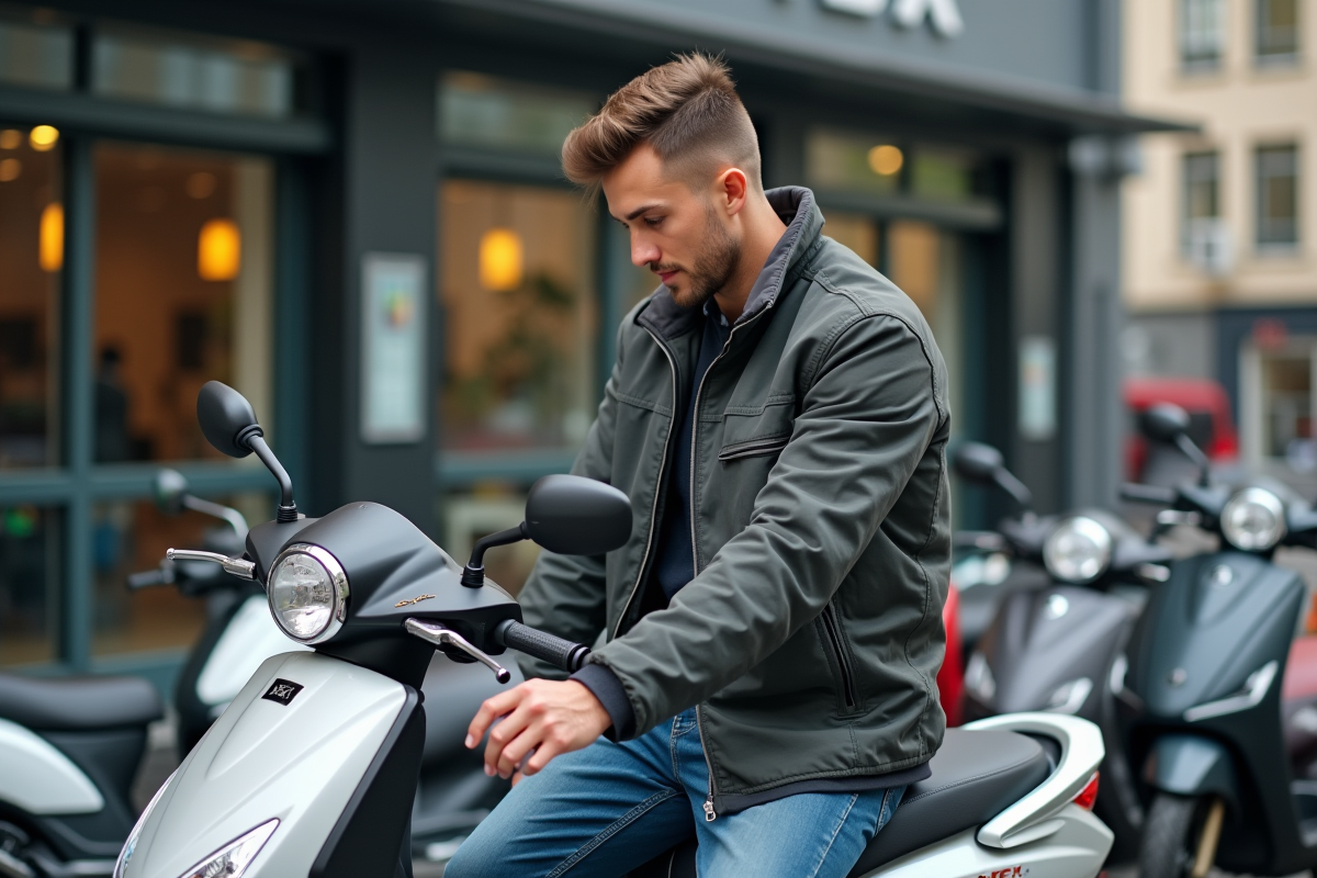 Jeune homme examine une moto Dax 50cc en extérieur