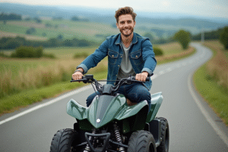 Jeune homme en denim sur quad dans la campagne
