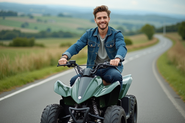 Jeune homme en denim sur quad dans la campagne
