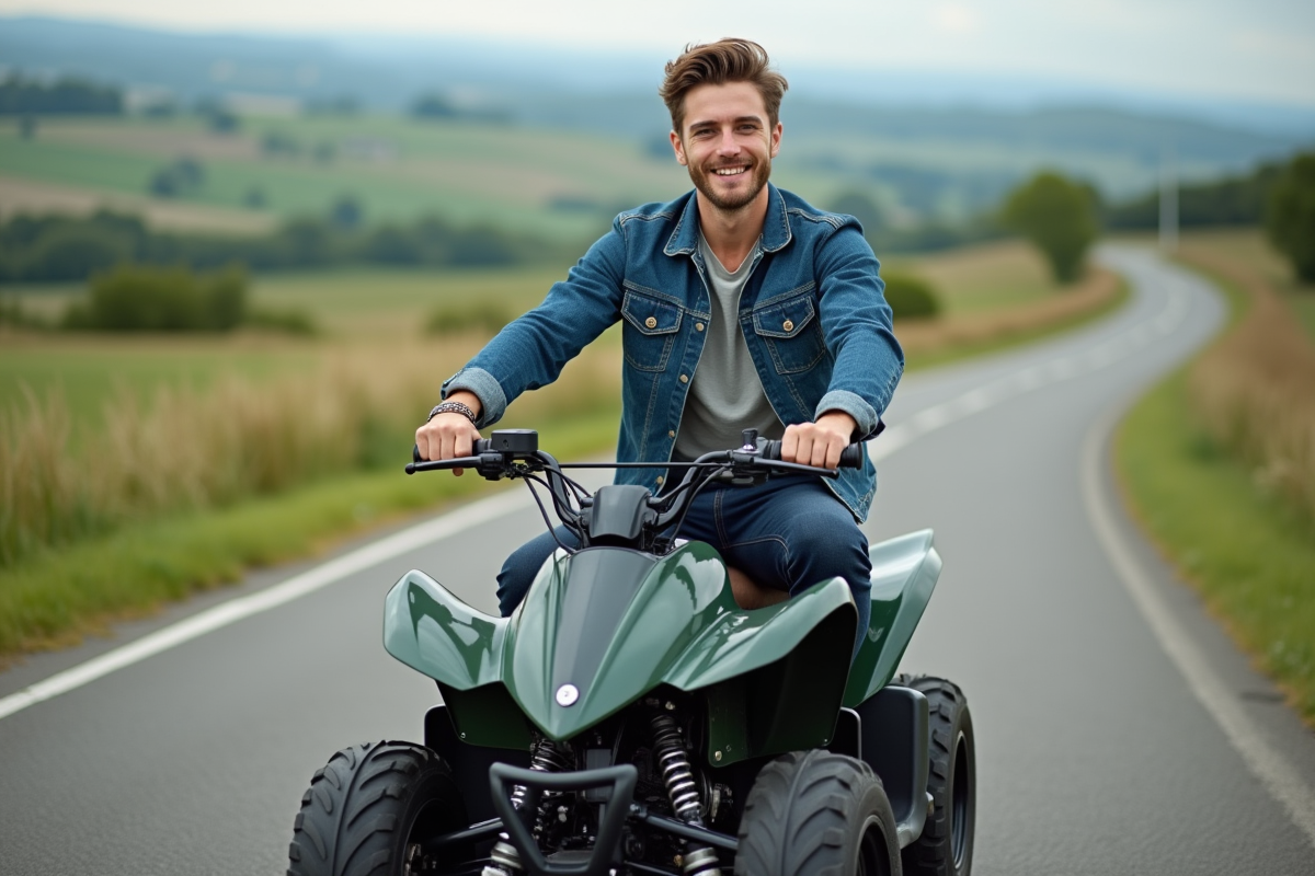 Jeune homme en denim sur quad dans la campagne