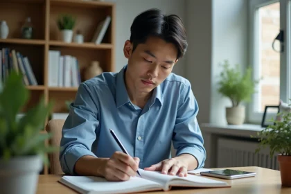 Jeune homme asiatique pensif dans un bureau lumineux