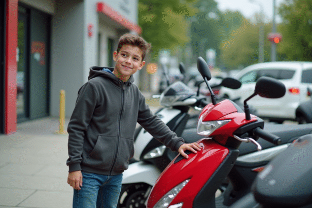 Adolescent souriant examinant un scooter 50cc en ville