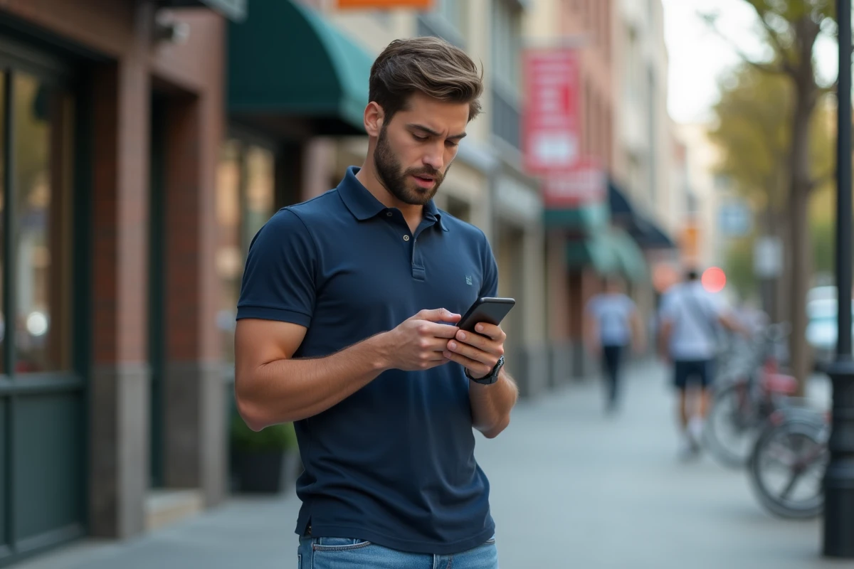 Jeune homme anxieux regardant son téléphone en ville