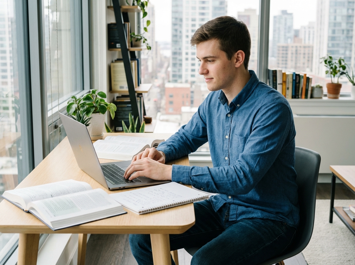 Jeune homme concentré travaillant sur son laptop dans un appartement moderne