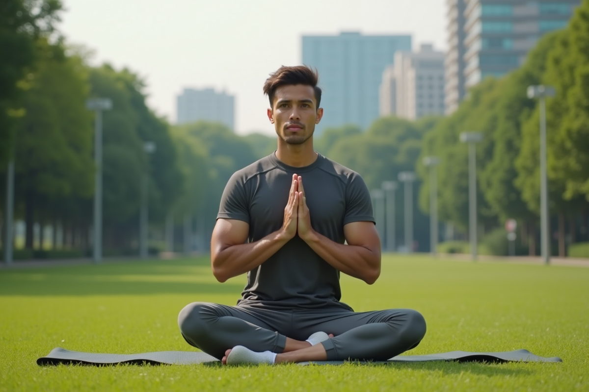 Jeune homme faisant yoga dans un parc urbain verdoyant