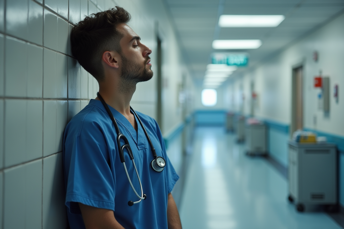 Jeune infirmier dans un couloir d hôpital en pause