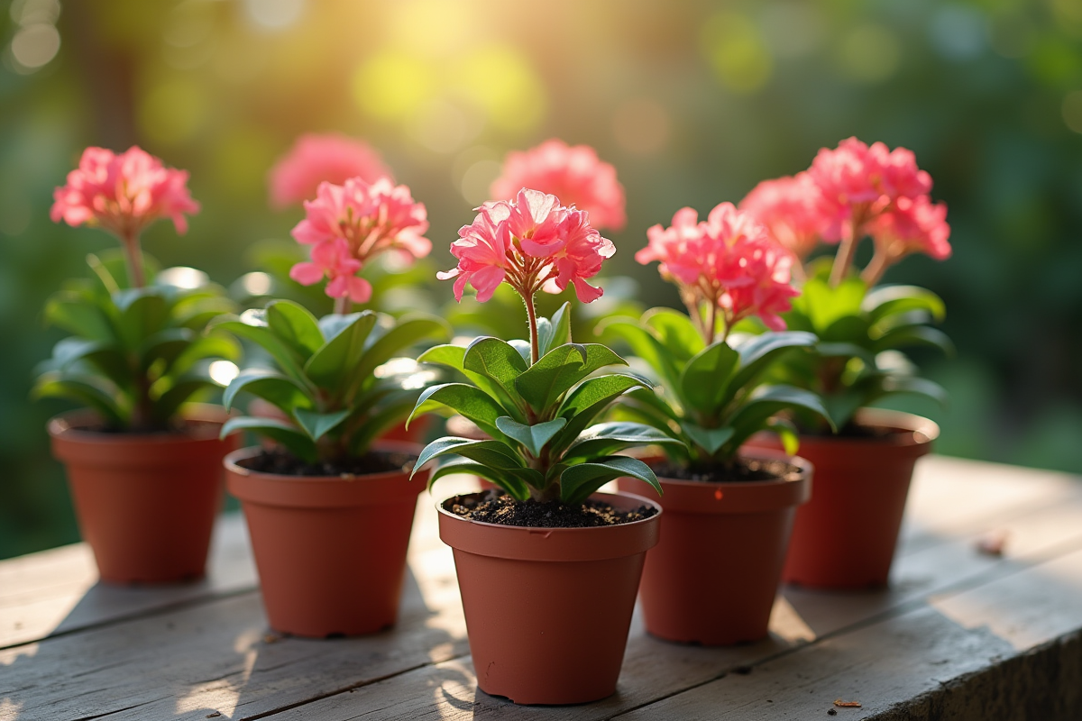 Jeunes oleanders en pots sur une table en plein air ensoleillee
