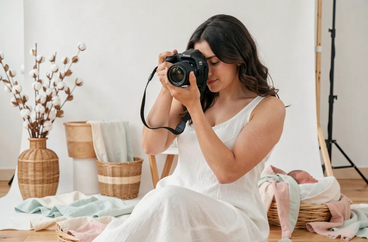 Johanna Cavel, photographe spécialisée, lors d'une séance nouveau-né dans un studio épuré avec des accessoires naturels en bois et tissu pastel