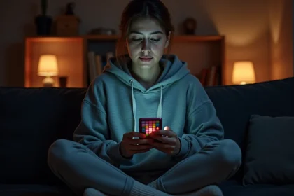 Jeune femme jouant à Monopoly Go sur son smartphone tard la nuit dans un salon sombre et cosy