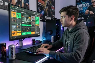 Jeune joueur ouvrant des caisses de skins sur Hellcase avec un code promo affiché sur son écran de gaming