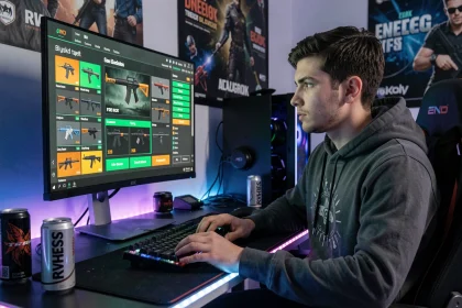 Jeune joueur ouvrant des caisses de skins sur Hellcase avec un code promo affiché sur son écran de gaming