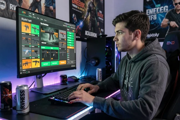 Jeune joueur ouvrant des caisses de skins sur Hellcase avec un code promo affiché sur son écran de gaming