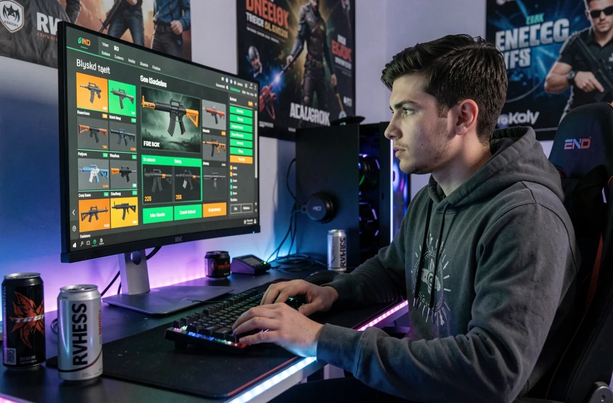 Jeune joueur ouvrant des caisses de skins sur Hellcase avec un code promo affiché sur son écran de gaming