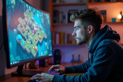 Joueur concentré devant son écran affichant une composition TFT avec positionnement stratégique des unités
