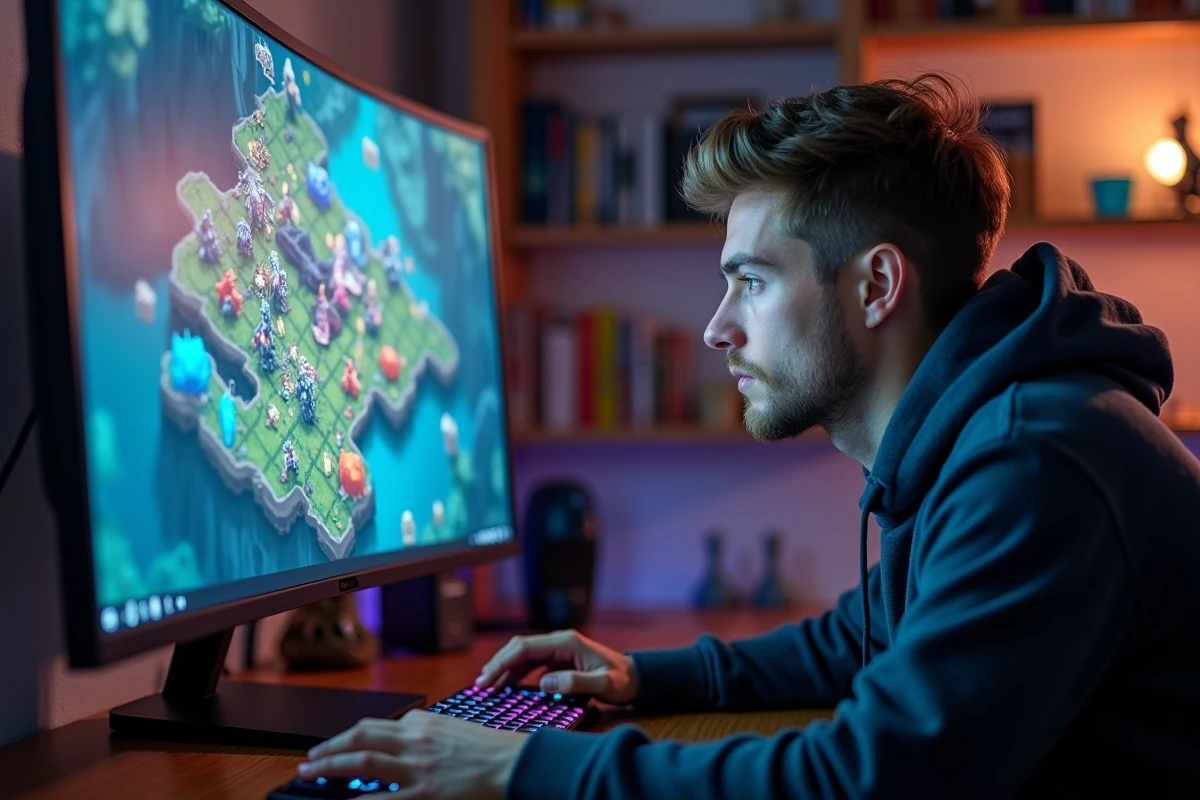 Joueur concentré devant son écran affichant une composition TFT avec positionnement stratégique des unités
