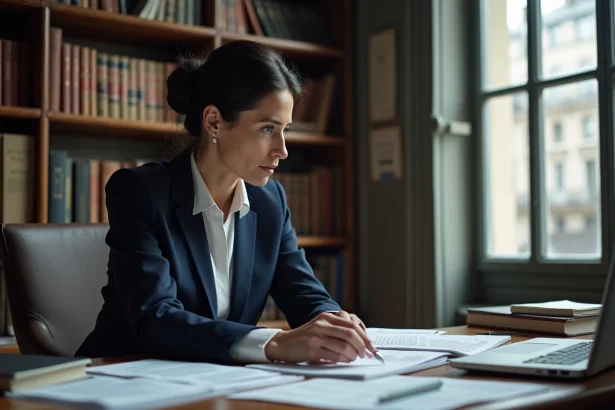 Journaliste française spécialisée en géopolitique assise à son bureau dans un bureau éditorial parisien, entourée de documents et de livres de référence