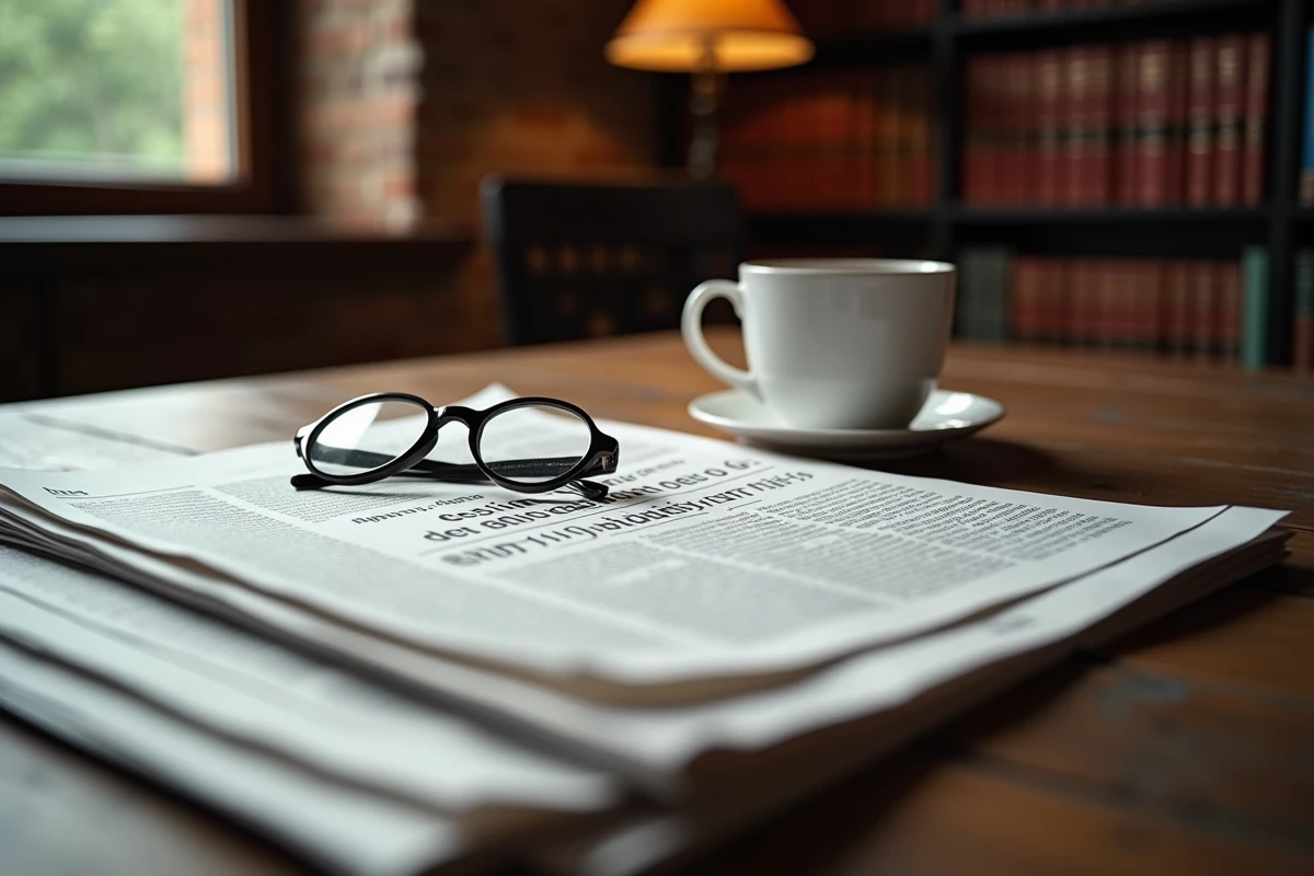 Journaux français éparpillés sur un bureau en chêne avec une tasse de café, ambiance politique documentaire