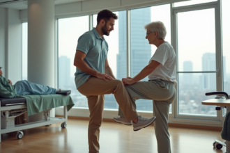 Kinésithérapeute aidant une personne âgée en rééducation