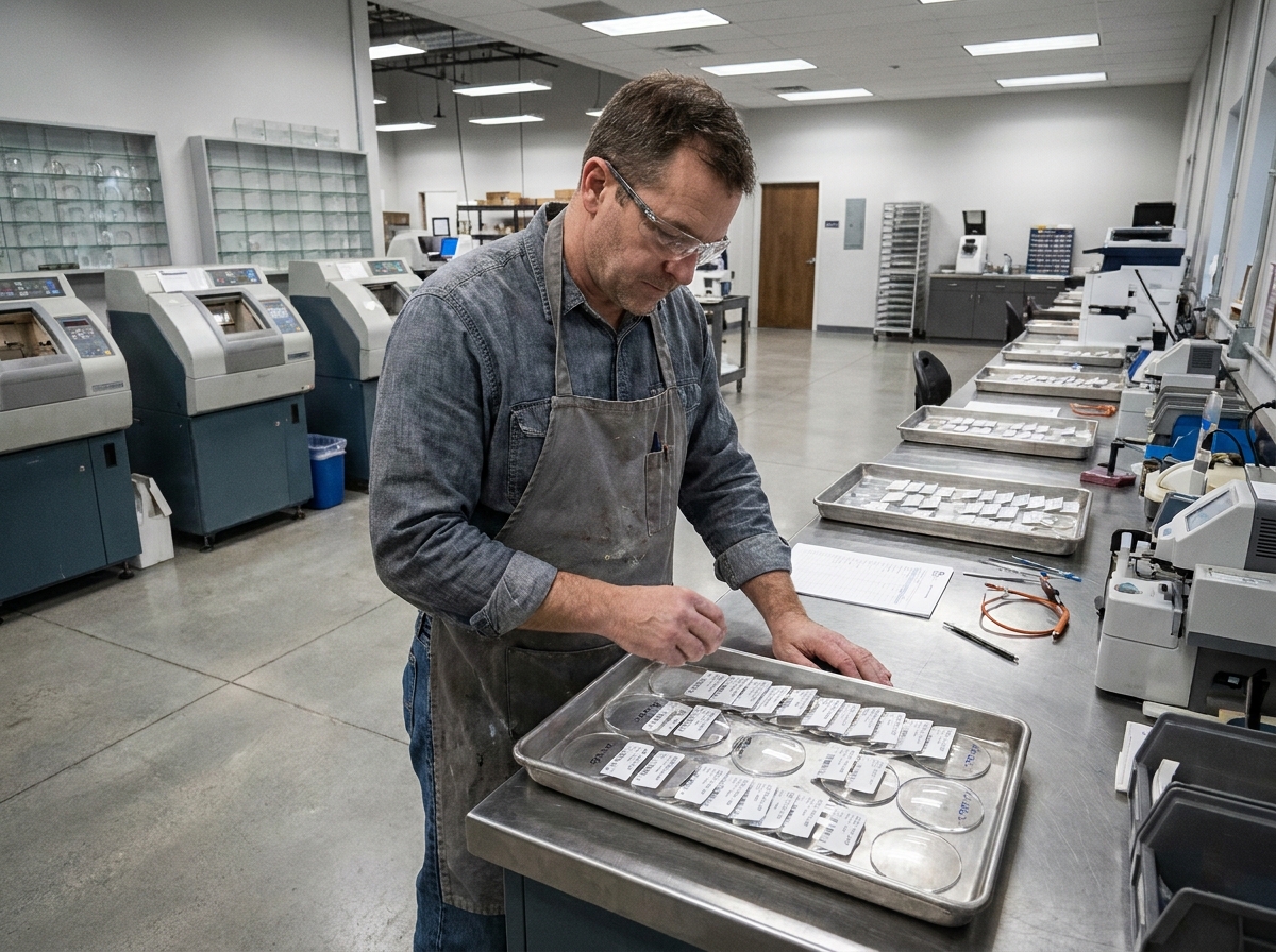 Technicien en laboratoire optique vérifiant les étiquettes de conformité sur des verres de prescription