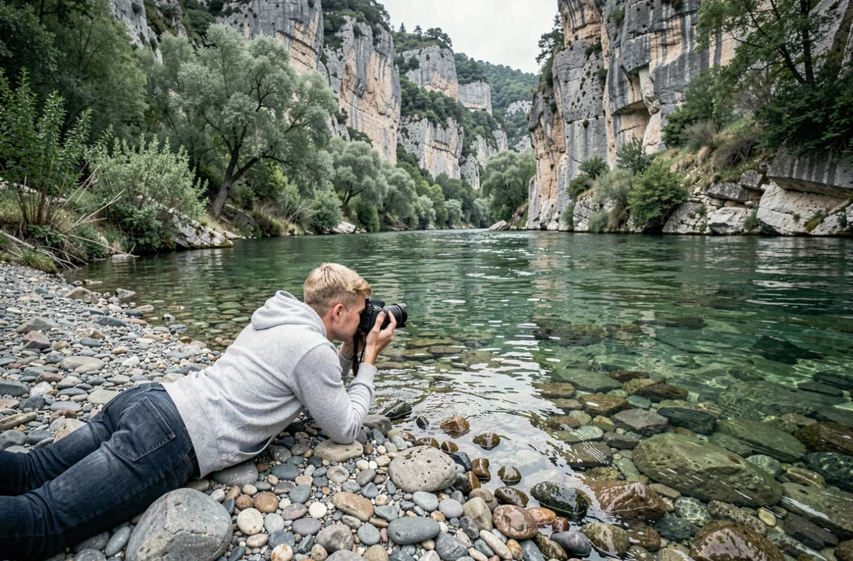 Lacoste Romain, photographe nature et paysage, allongé sur les berges du Tarn pour capturer les gorges et l'eau cristalline de la rivière