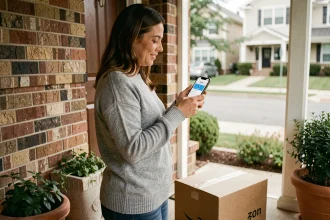 Femme recevant une livraison Amazon à domicile tout en consultant une notification sur son smartphone