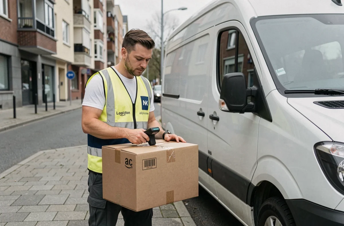 Livreur scannant un colis Amazon depuis son véhicule de livraison dans une rue urbaine