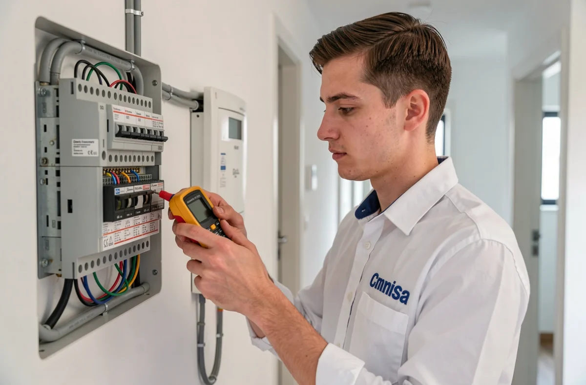 Technicien LPCI testant les connexions électriques d'un tableau de contrôle de chauffage multizone dans un appartement moderne