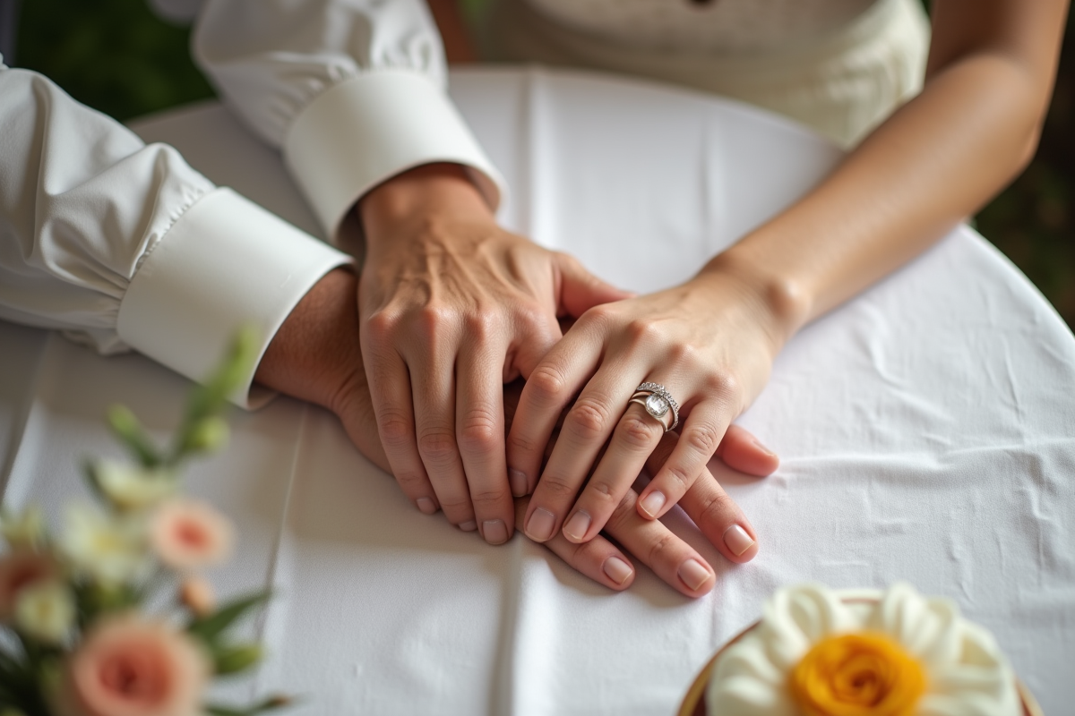 Mains entrelacees avec bagues de mariage sur une table avec fleurs
