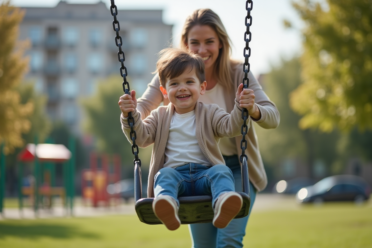 Maman poussant son enfant souriant sur une balançoire au parc