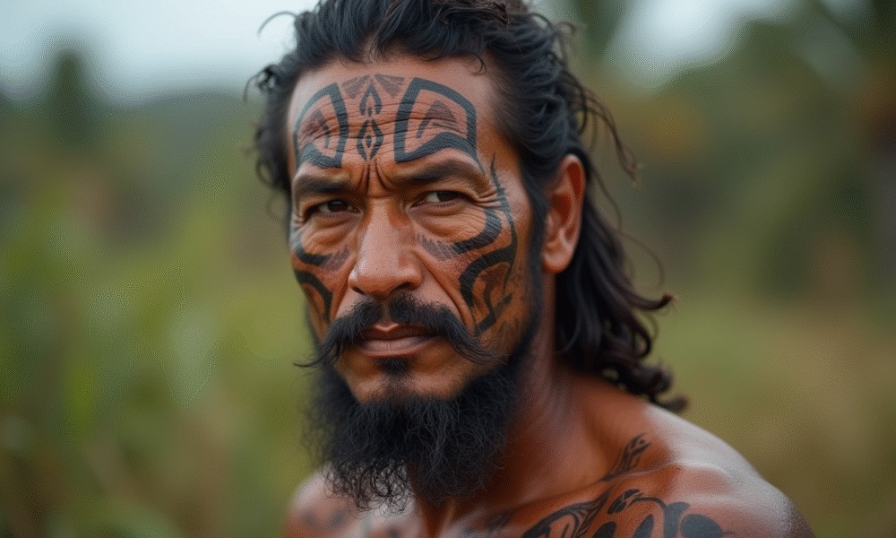 Homme maori avec tatouages moko en plein air en journée