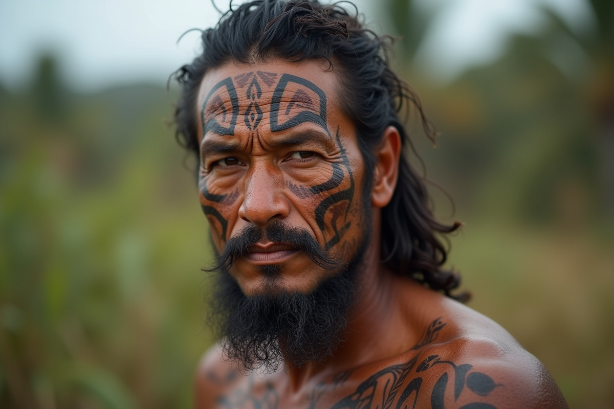 Homme maori avec tatouages moko en plein air en journée