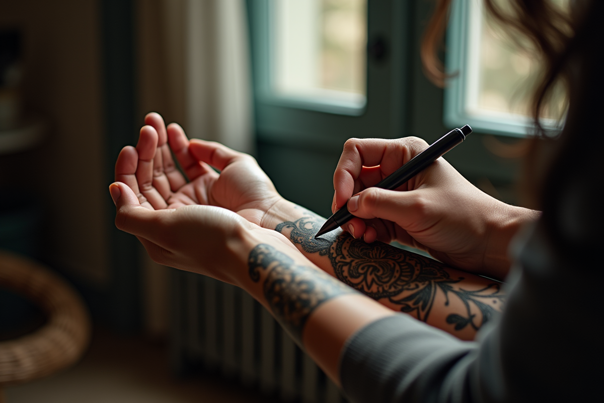 Femme maori traçant ses tatouages sur le bras en intérieur