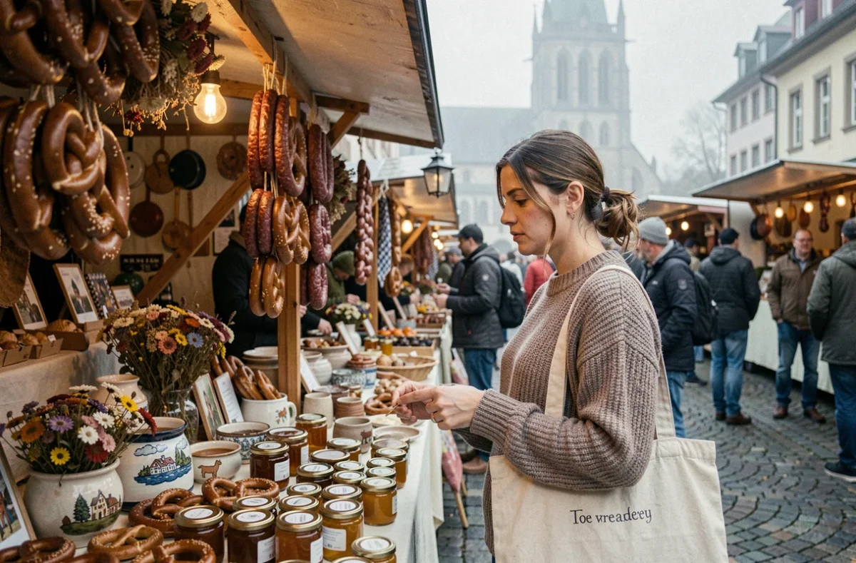 Femme explorant un marché artisanal alsacien avec produits locaux et artisanat, bon plan sortie à petit budget en Alsace