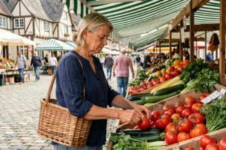 Femme choisissant des légumes frais au marché de Deauville sous les auvents rayés verts et blancs